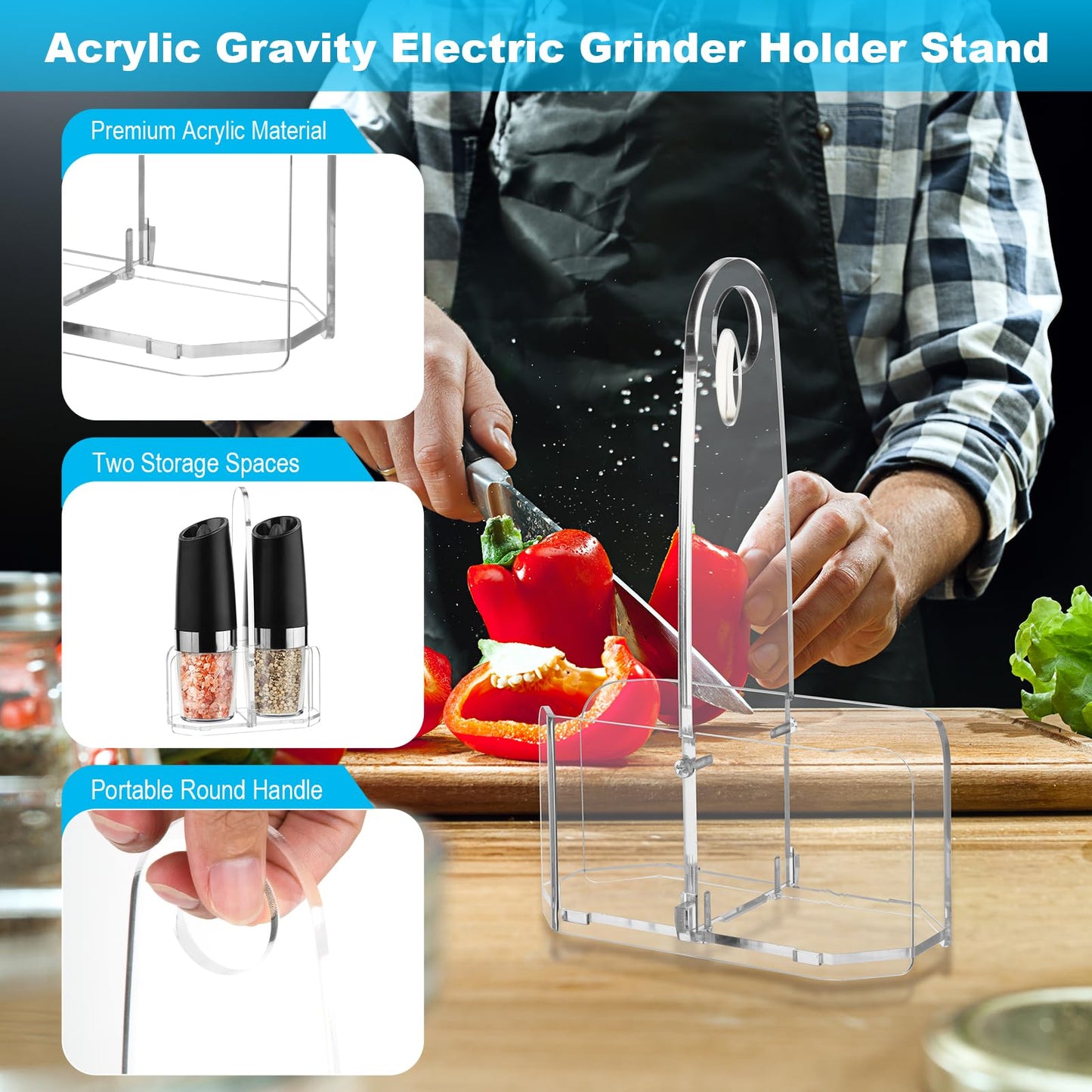 Beautyflier Salt and Pepper Grinder Set Stand, Premium Acrylic Holder for Gravity Electric Pepper and Salt Grinder Set, Storage Holder Fit Grinders up to 2.2 IN in Diameter, Stand Only