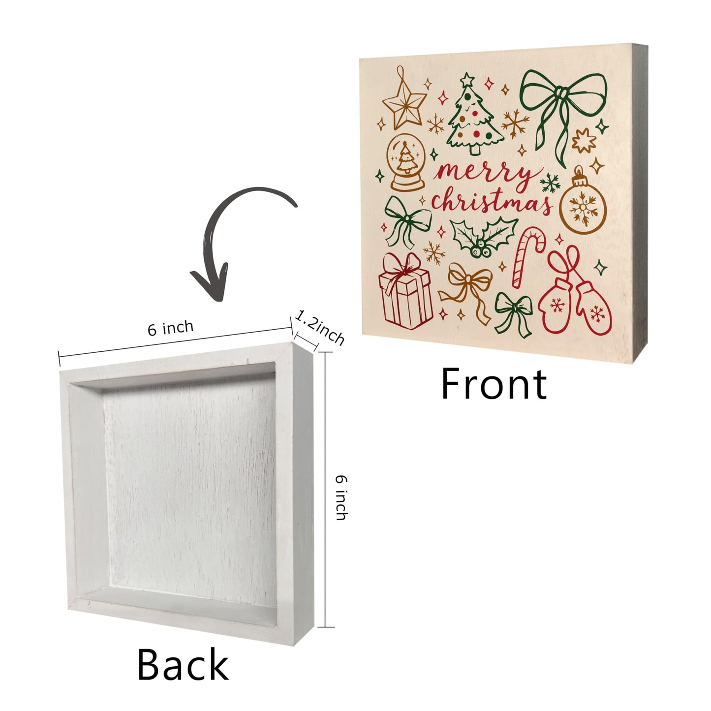 KEUSPI Retro Merry Christmas Wooden Box Sign, Girly Christmas Decor, Boho Xmas Bow Holly Jolly Wood Box Block Sign for Home Office Desk Tabletop Shelf Decoration 5x5 Inch