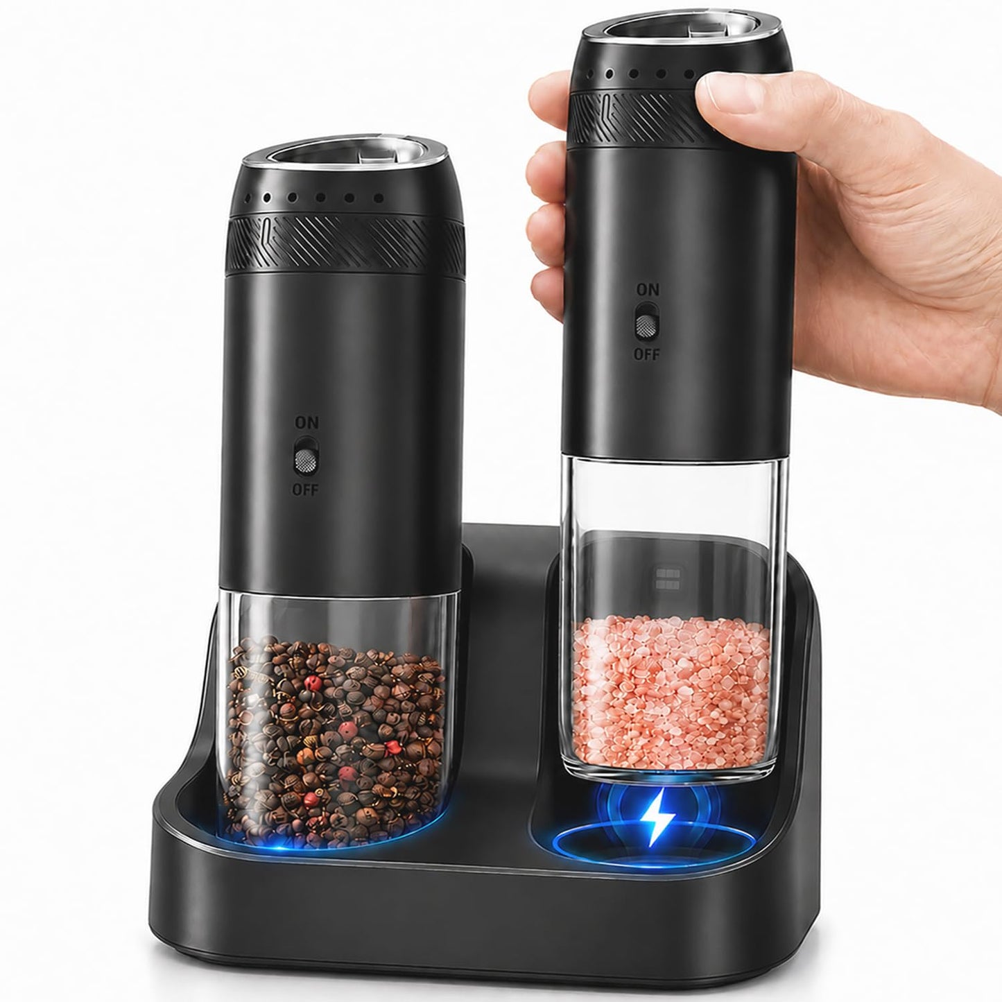 FAMAWO Gravity Electric Salt and Pepper Grinder Set, Rechargeable Automatic Mills with Charging Base, 6-Level Adjustable Coarseness, LED Light, Matte Black, 2-Pack