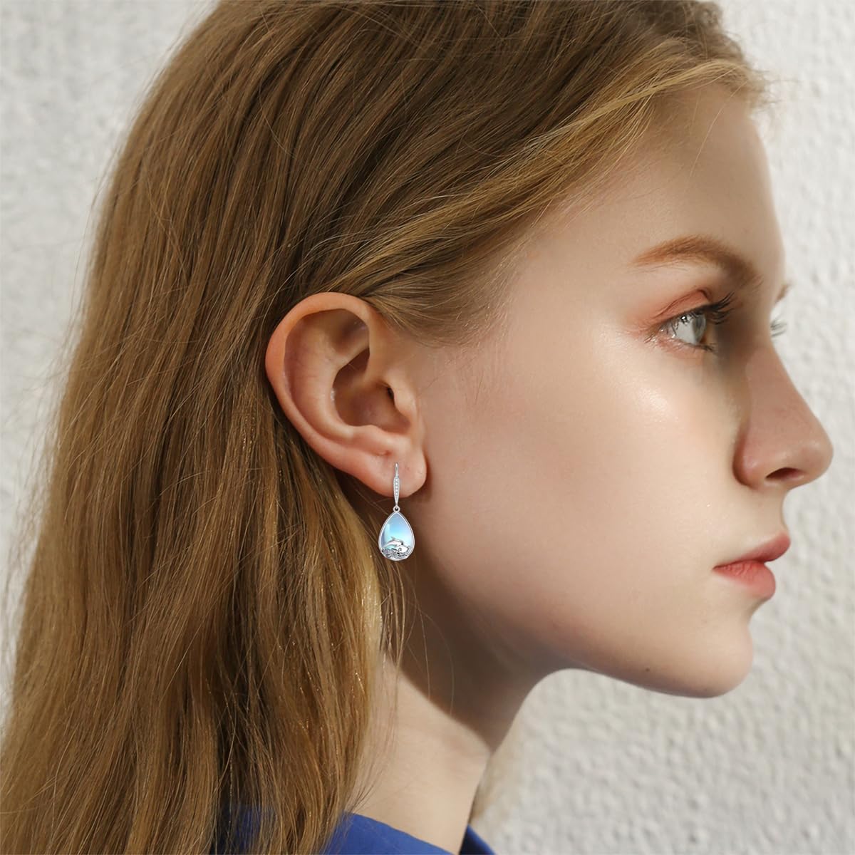 VONALA Dolphin Earrings 925 Sterling Silver Moonstone Leverback Earrings Waves Dangle Drop Dangling Earrings Ocean Animal Jewelry Gifts for Women