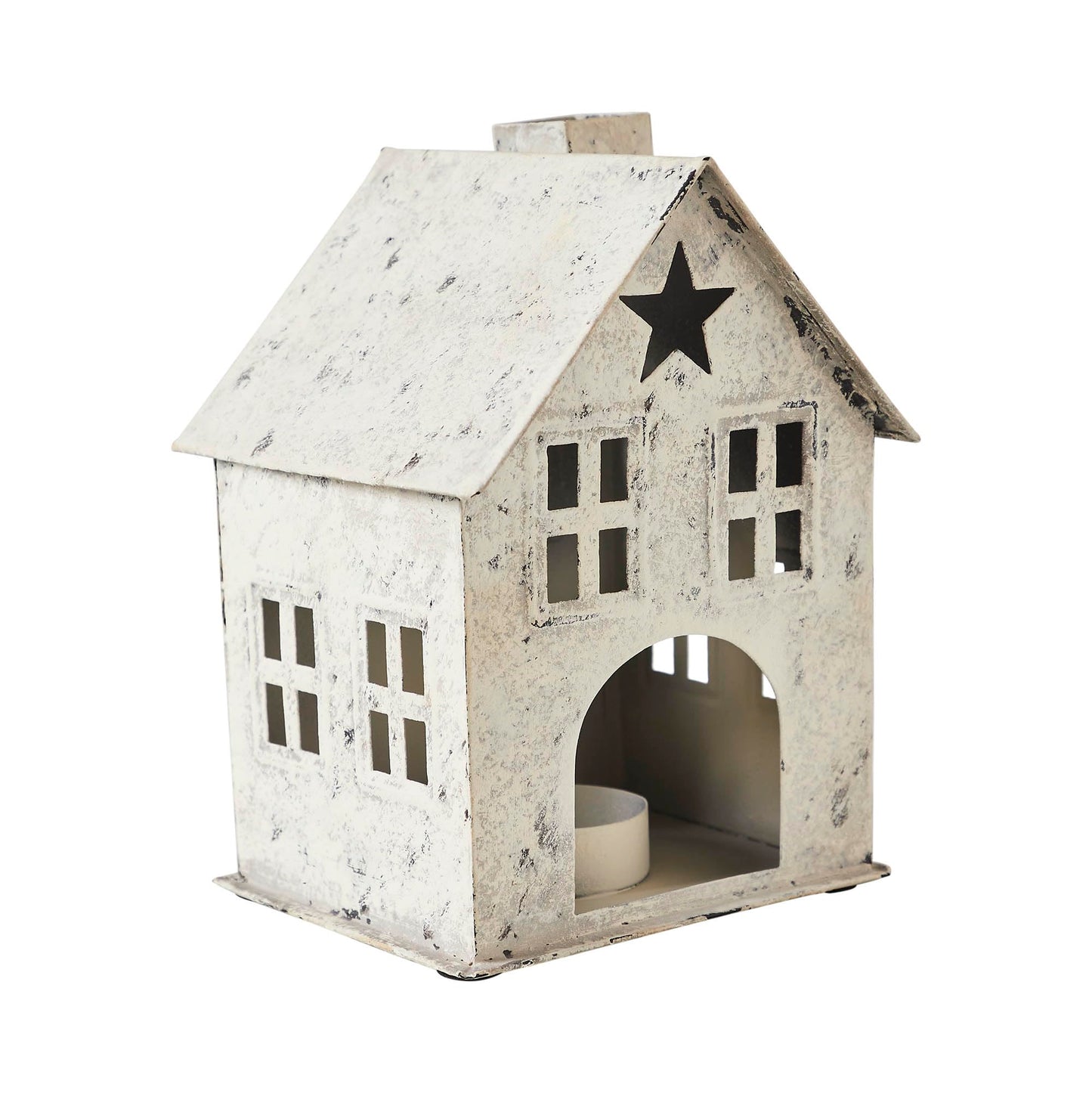 Tealight Holder Metal Village House D Antique Cream 6.75x4.75x4.5