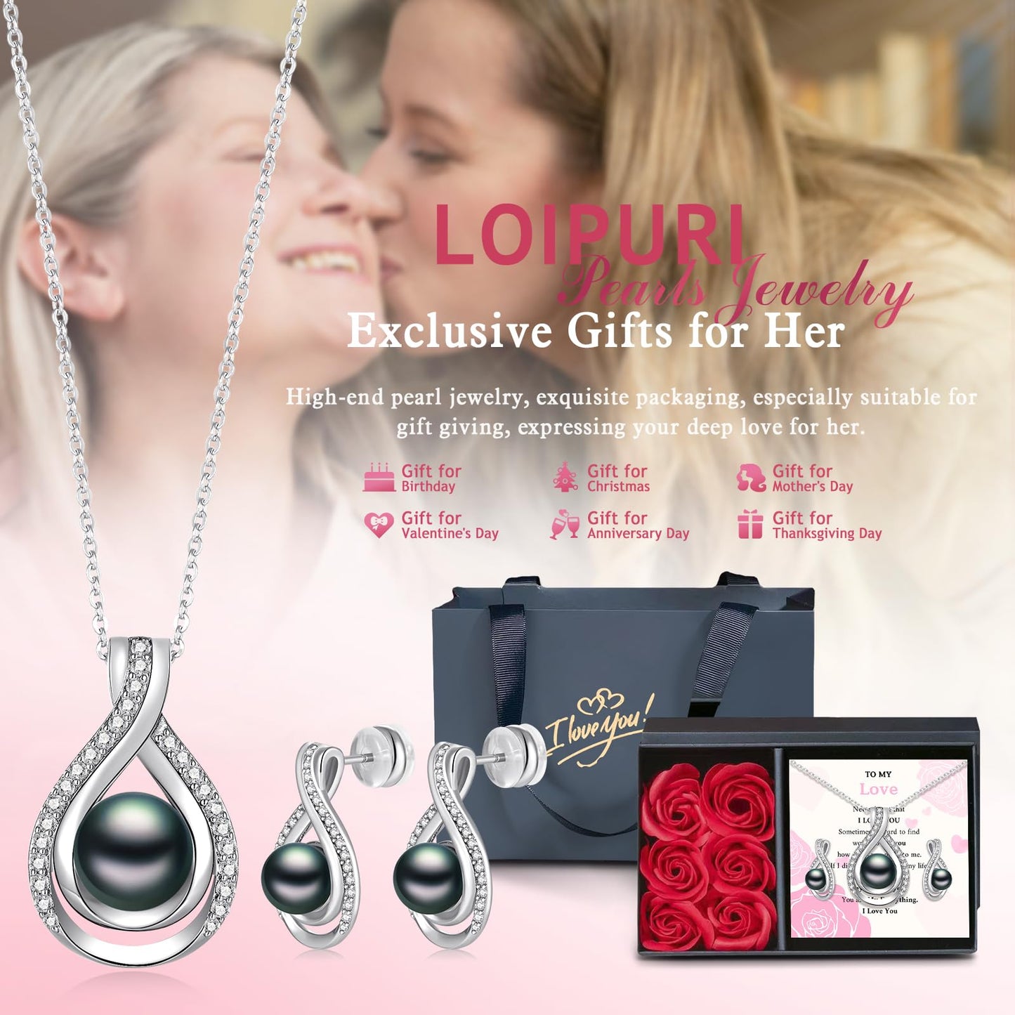 LOIPURI Infinity Black Pearl Necklace and Earrings Set for Women Gifts for Mom Birthday Mothers Day AAA+Handpicked Pearl White Gold Plated Adjustable Jewelry
