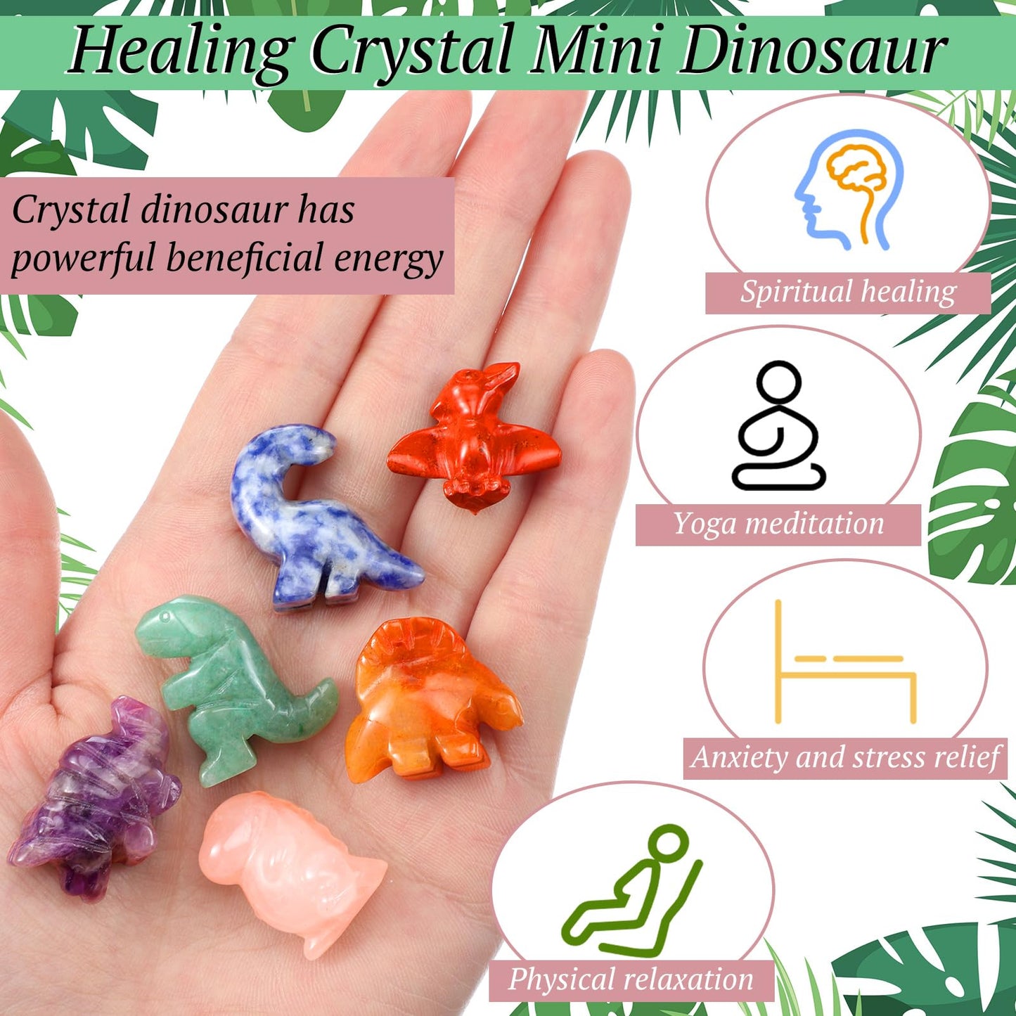 Seenelling 6 Pcs Crystal Dinosaur Figurines - Cute Stone Dinosaur Figures Statue Collection Decor for Women, Men, Desk, Garden, Home