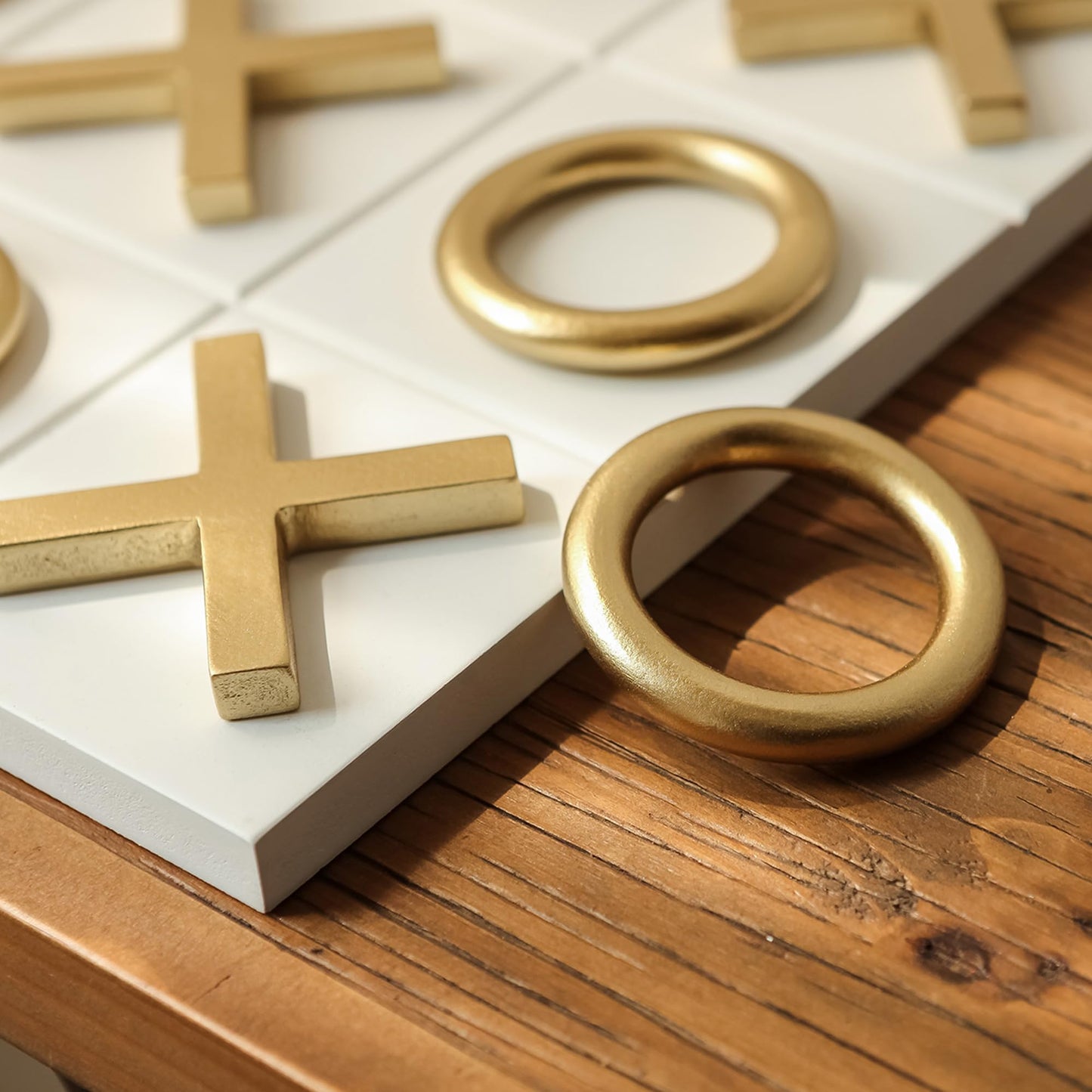NIKKY HOME 12x12 Inch Tic Tac Toe Wood Game Board Classic Coffee Table Decor Modern Wooden Travel Game for Family, White & Gold