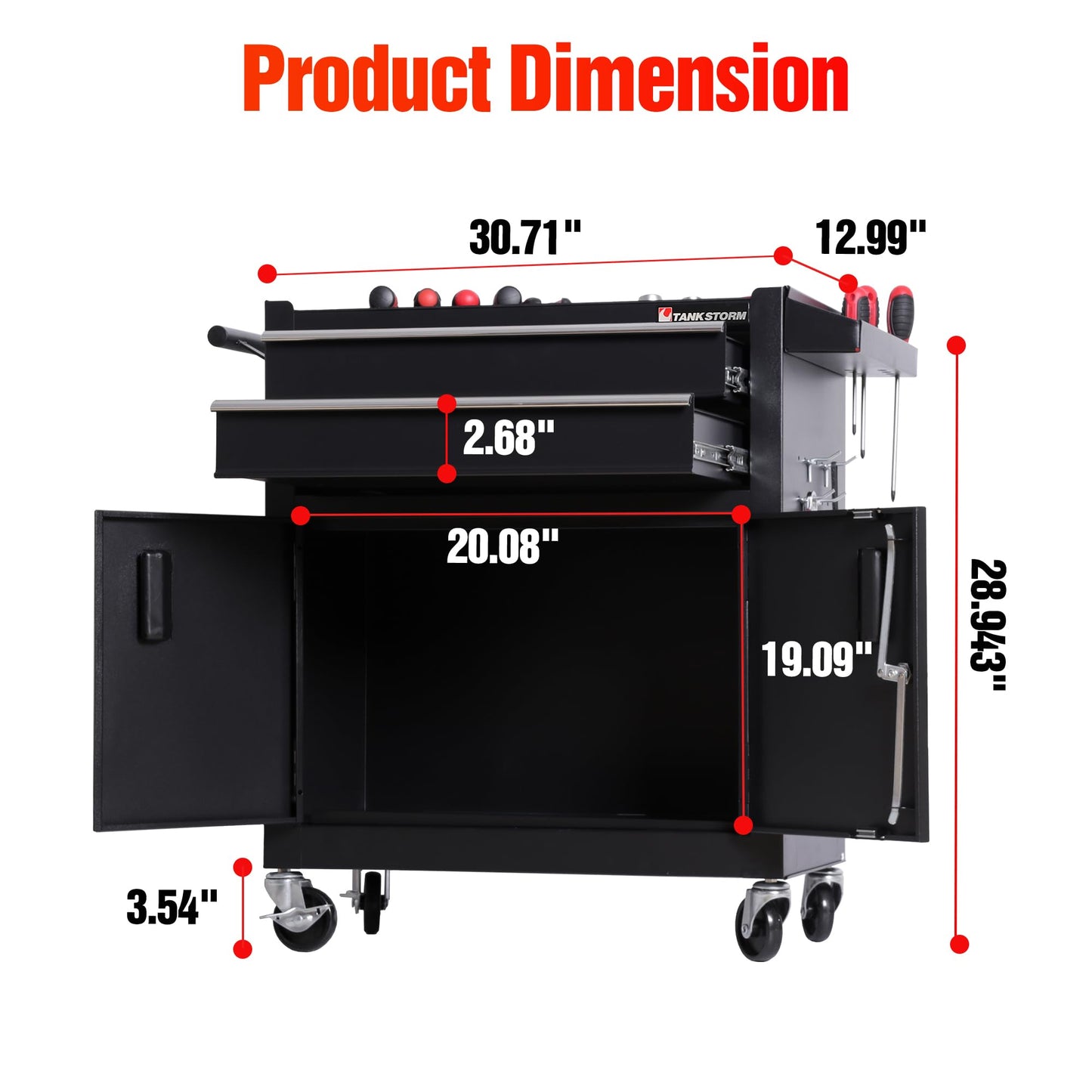 TANKSTORM Tool Chest Heavy Duty Cart Steel Rolling Tool Box with Lockable Doors (TZ12 Black)