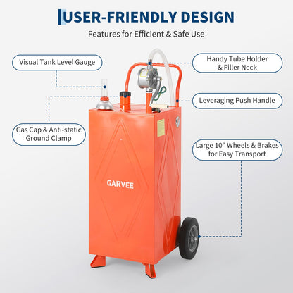30 Gallon Fuel Gas Caddy Storage Tank, Portable Gas Caddy with Wheels, Manual Rotary Transfer Pump, Fuel Hose, Wide Fill Opening, Vent and Level Gauge, Mobile Gasoline Diesel Transfer Tank for ATV, Mower, Tractor, Car, Boat