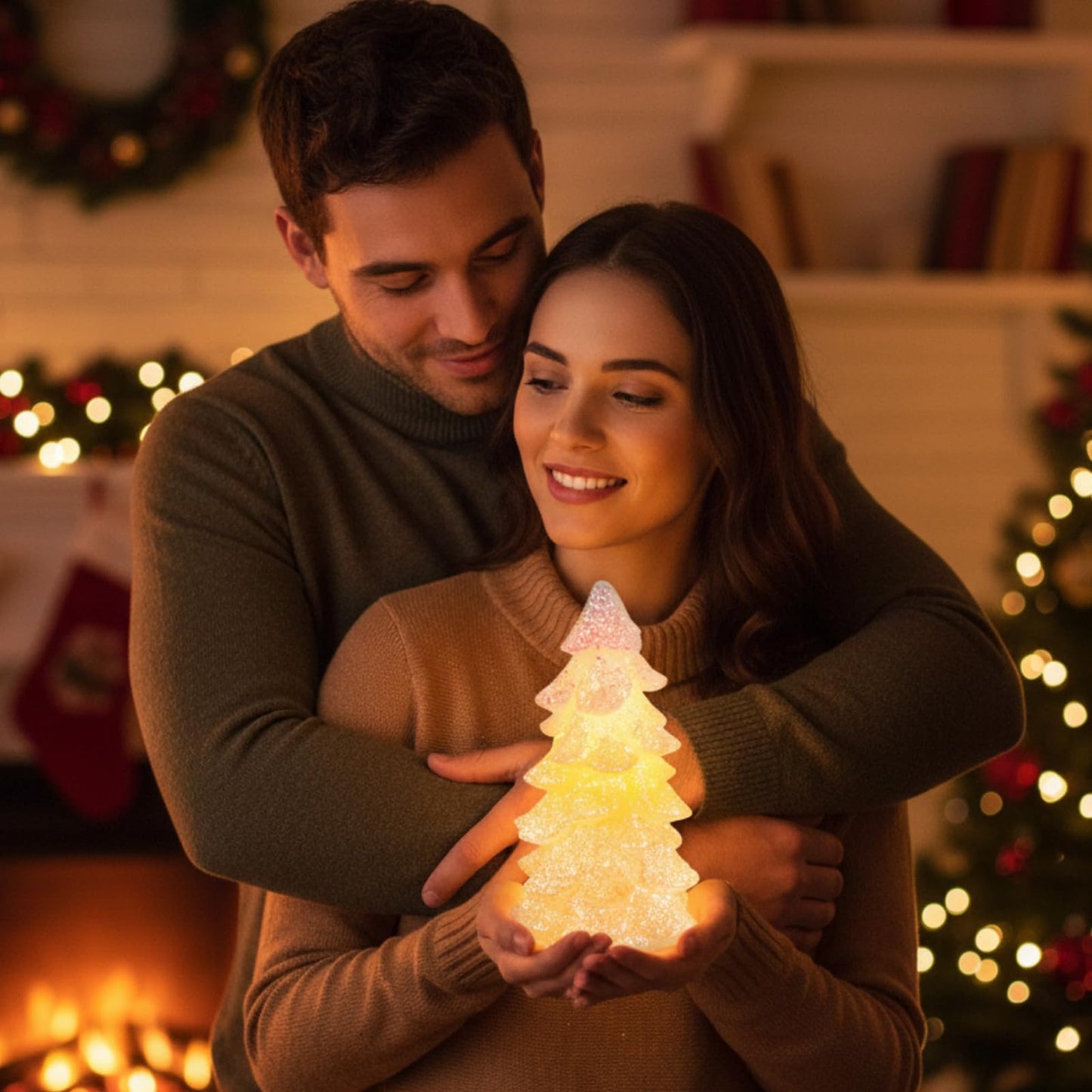 Glooglitter 2 Pcs 5.5" White Christmas Tree Flameless Candles Glittering Real Wax Flickering Battery Operated LED Handmade Carved Candles for Xmas Party Decoration Gifts