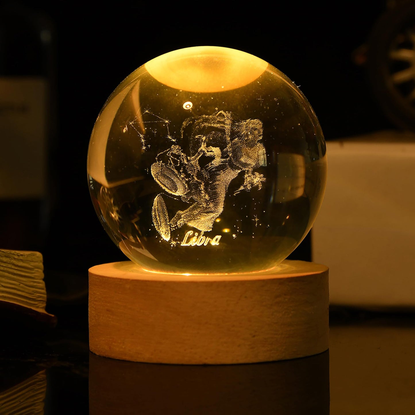 QIANCHANG 3D Laser Etched Libra Crystal Ball with LED Light Stand, Constellation Decor Glass Sphere Lamp, Zodiac Astrology Birthday Gifts for Women Kids