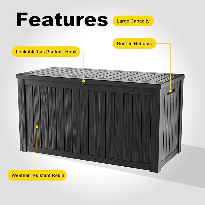 DRATO 150 Gallon Outdoor Storage Box, Large Waterproof Deck Box, Lockable Resin Storage Container with Reinforced Support for Patio Cushions, Garden Tools, UV-Resistant Outdoor Chest（Black，150 Gallon）