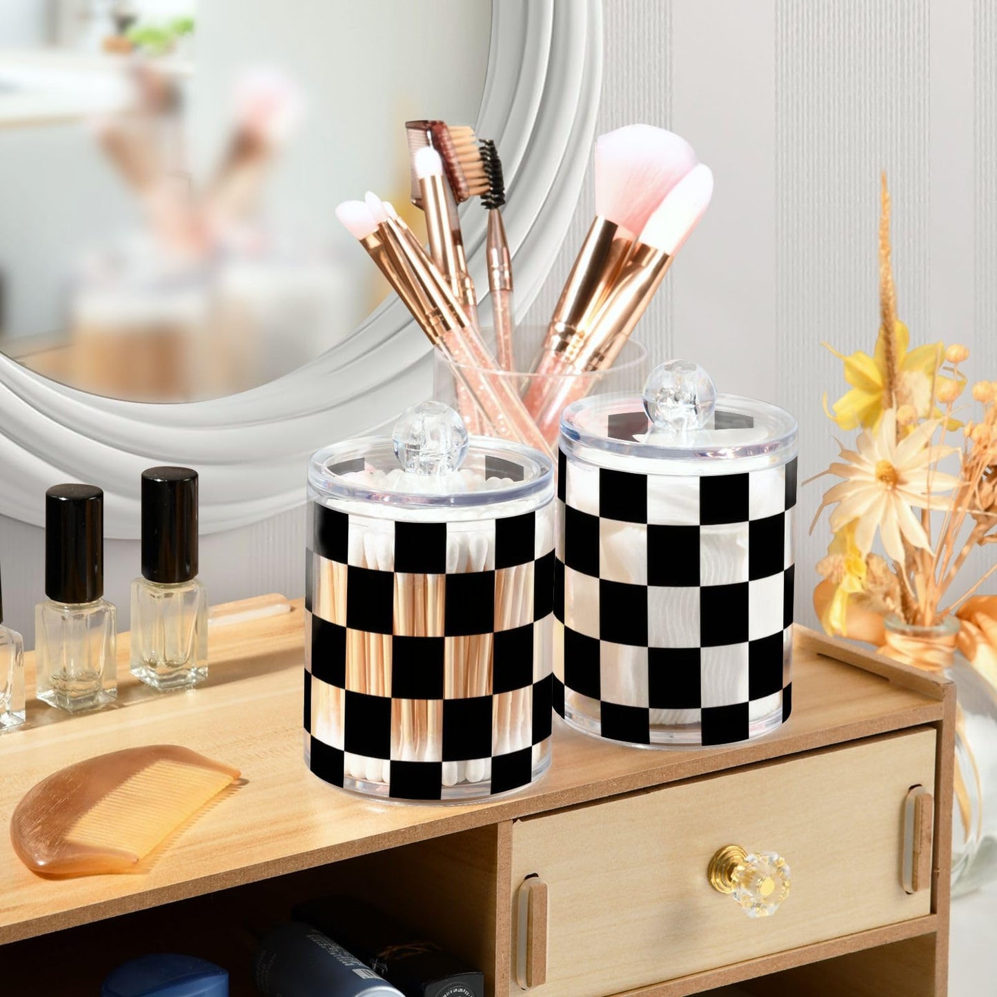 Gravopti Checkerboard 14oz Storage Jars with Lids, Clear Plastic Airtight Kitchen Food Canisters for Candy, Salt, Coffee Beans, 2 Pack