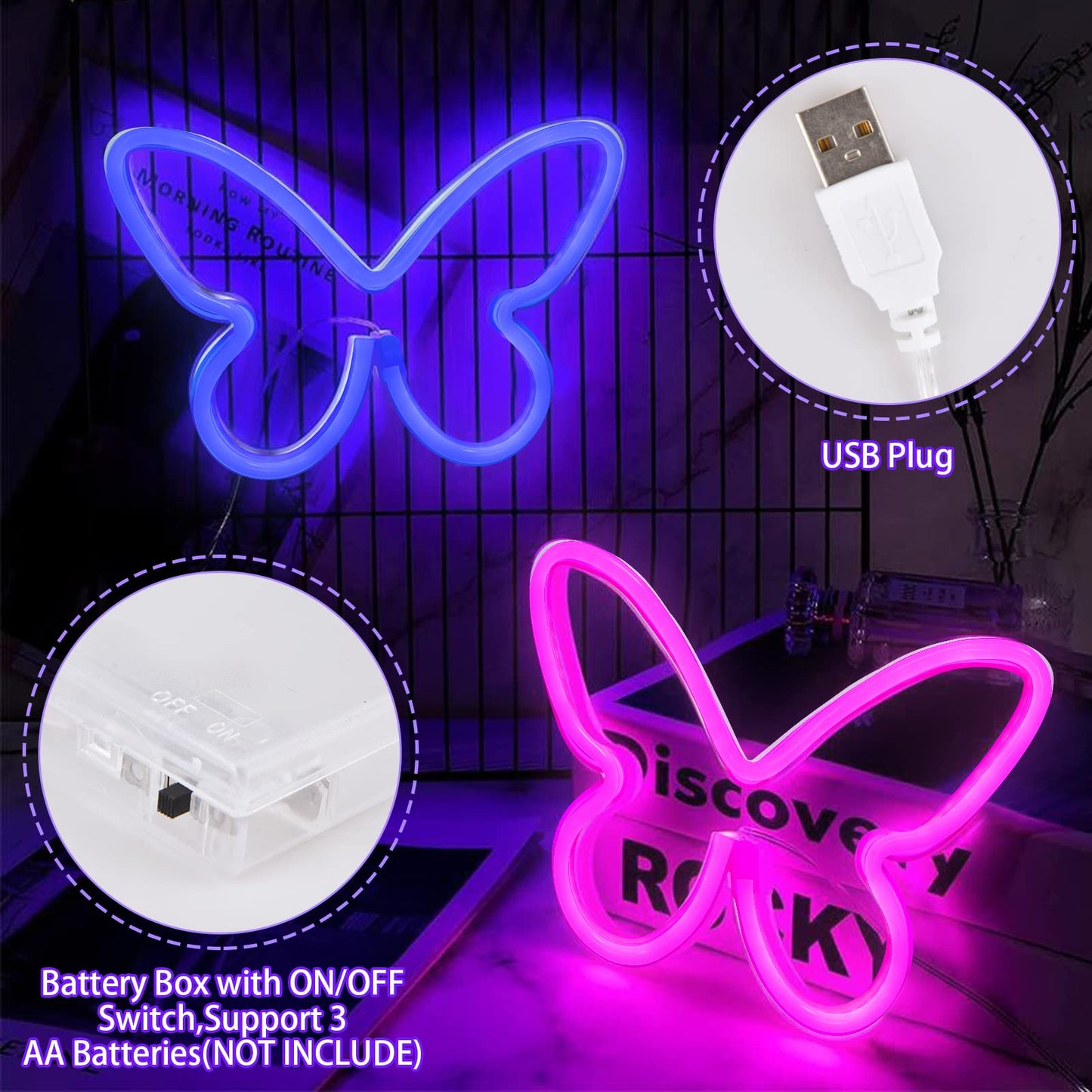 BRIGHTDECK 3 Pcs Butterfly Neon Signs, Neon Light for Bedroom, USB or 3-AA Battery Powered LED Wall Décor for Valentines Day Birthday Gift, Wedding, Party, Home Decor (Pink, Purple, Warm white)