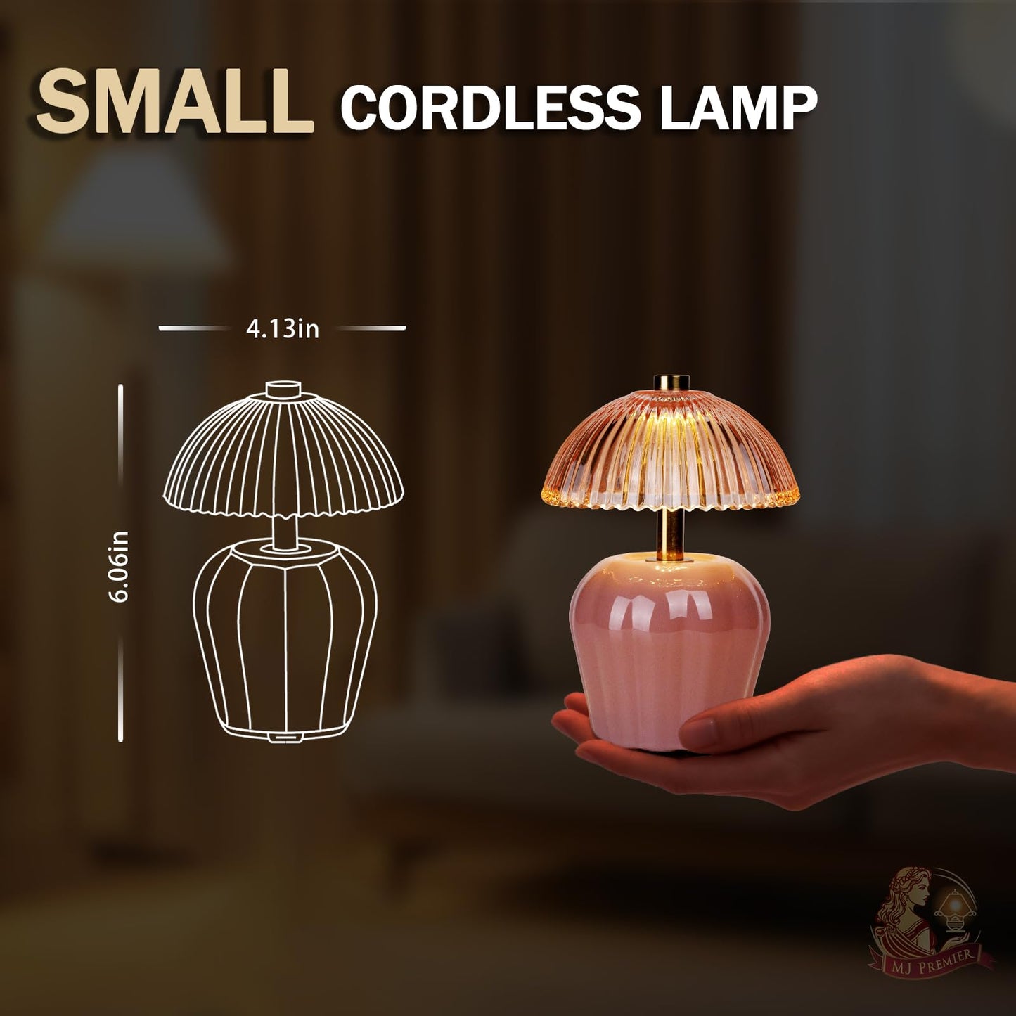 MJ PREMIER Rechargeable Table Lamp, Cordless Lamp with Timer, Mini Glass Mushroom Lampshade, Small Table Lamps, Decorative Led Light for Bedroom Living Room Shelf (Pink)