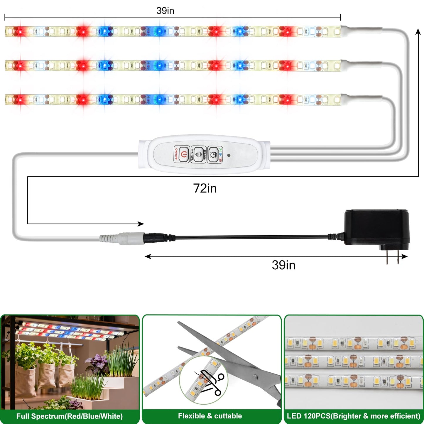 DBFAIRY Grow Strip Lights for Indoor Plants,Waterproof LED Full Spectrum Plant Grow Light Strip Plug-in Grow Tape Light with Timer Dimmable for Greenhouse Seed Starting (3.28FT/ 120 LED)