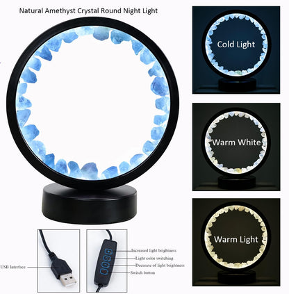 Runyangshi Celestite Night Light 8.6" Natural Healing Crystal Bedside USB Port 3 Colours Dimming Mode Bedroom Lamp Suitable Night Lamp Ideal Gift