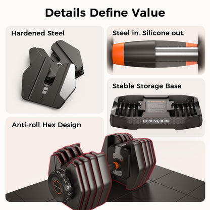 FEIERDUN DB1 QuickDial Adjustable Dumbbell Set, 15-in-1 Adjustable Weights with Storage Box & App, 105lb/52.5lb Quick Change for Drop Set, Superset & HIIT Home Gym, Non-Slip Handles, 3-year Aftersale Service