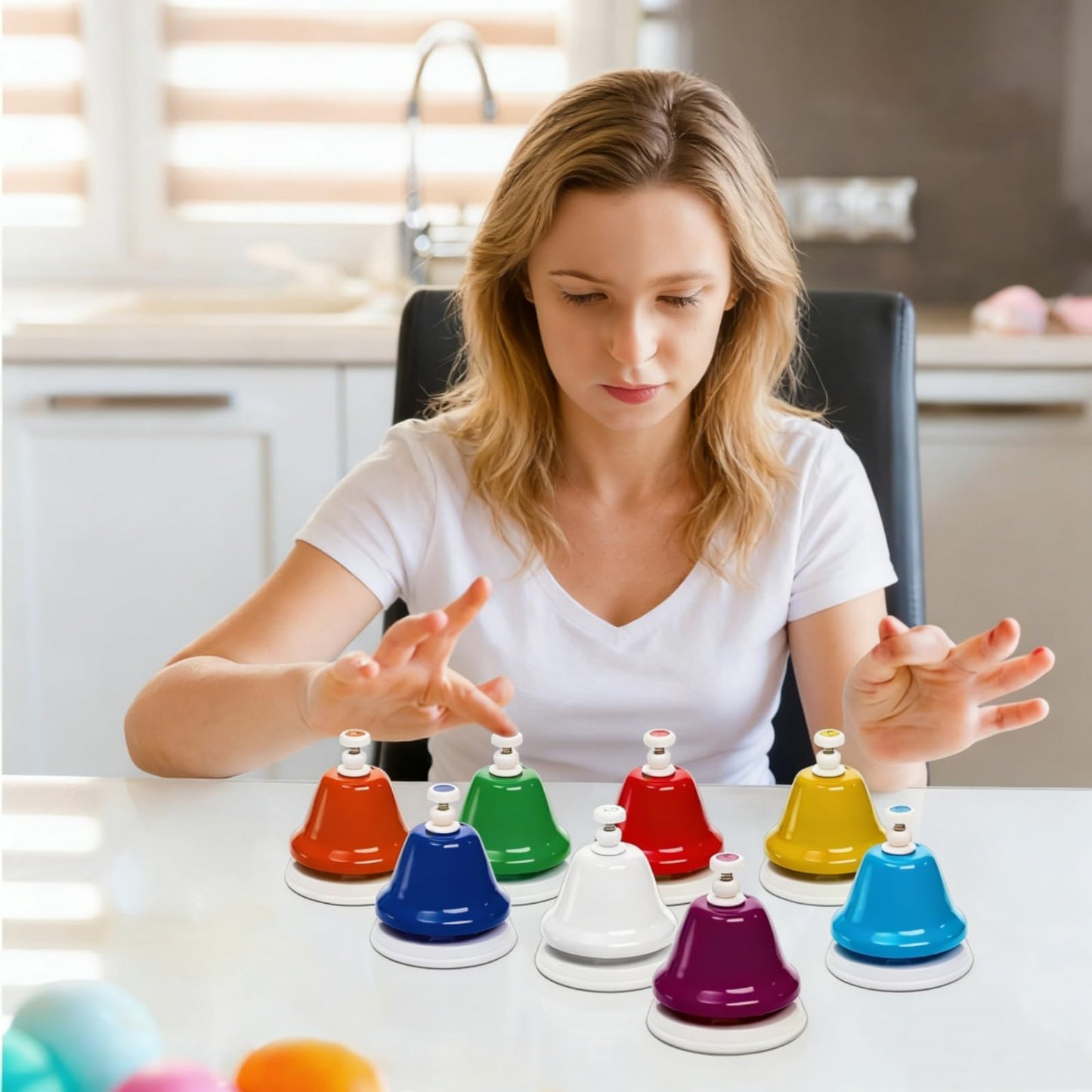 Noamus 8 Notes Desk Bells, Music Bell Percussion Instrument, Colorful Diatonic Metal Bells, Chromatic Musical Table Bell for Church Chorus Holiday Party Supplies Birthday Gift