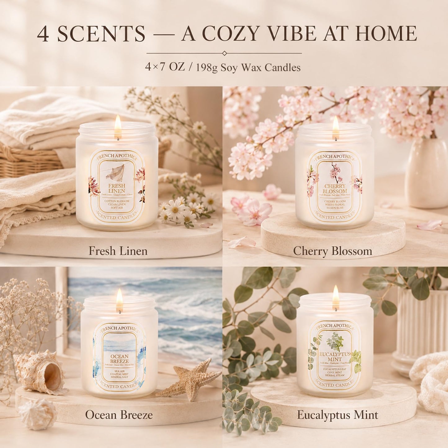 YINUO Scented Candles Gift Set – 4 Pack Natural Soy Wax Aromatherapy Candles, Eucalyptus Mint, Floral & Fresh Scents, Long-Lasting Clean Burn Candle for Home Relaxation & Birthday Gifts for Women