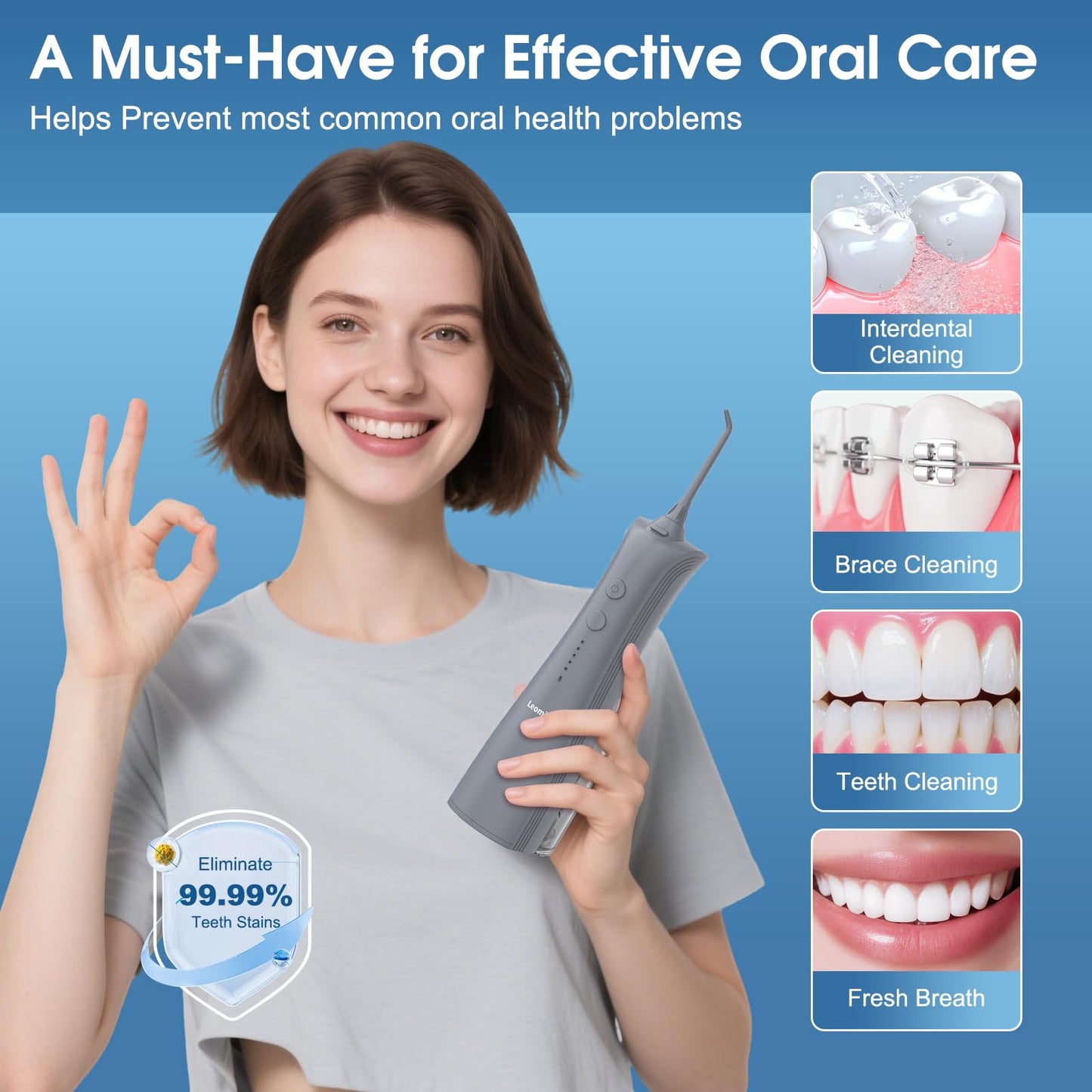 Leominor Water Dental Flosser - 5 Modes Cordless Portable Oral Irrigator, IPX7 Waterproof, Rechargeable Teeth Cleaner Upgrade Datchable Tank Professional Flossing Cleaning Pick for Home Travel (Black)