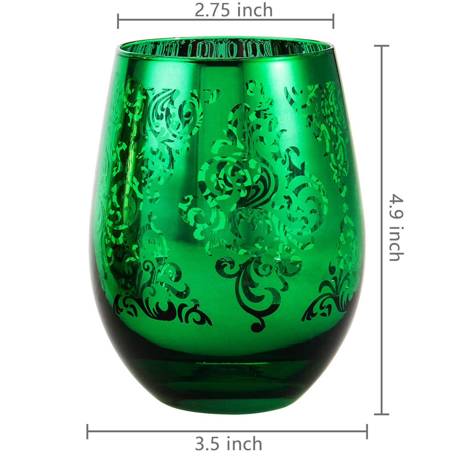 MyGift 4 Piece Stemless Glassware Set, Multicolor Wine Glasses with Etched Baroque Pattern in Mirror Plated Gold Silver Red Green Colors, 16 oz Capacity