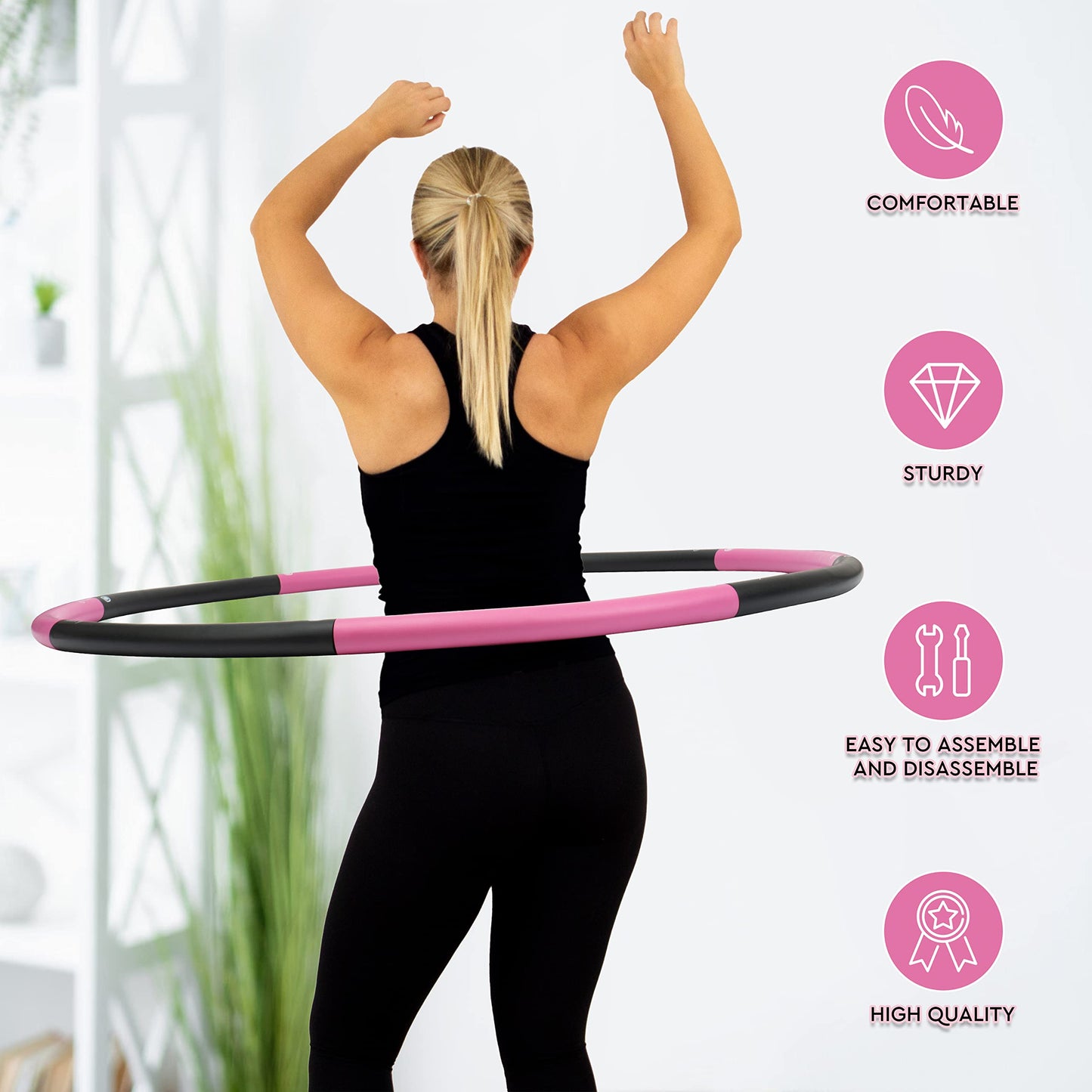 Weighted Hula Hoop for Adults - 2.8lb Detachable Exercise Hoop - Fun & Portable Fitness Circle with Jump Rope, Resistance Band & Carry Bag (Black/Pink)