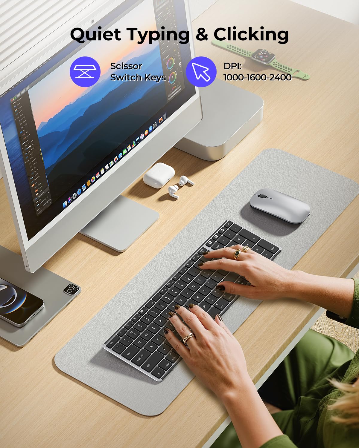 seenda Bluetooth Keyboard and Mouse for Mac, SKM64-2 Multi-Device Rechargeable Slim Wireless Keyboard Mouse Stainless Steel Full Size, Compatible with MacBook Pro/Air, iPad, Mac - Space Gray