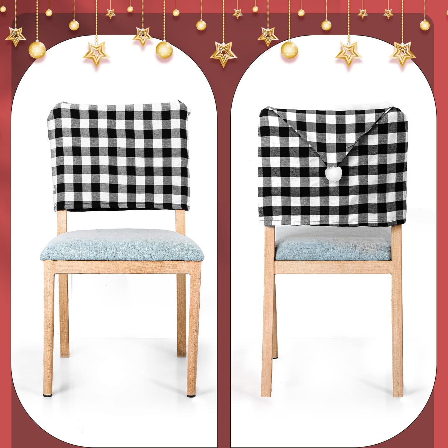 Queekay 6 Pieces Christmas Chair Back Covers Santa Hat Buffalo Plaid Christmas Dining Chair Protector Elastic Gingham Cover for Dining Kitchen(Black White)