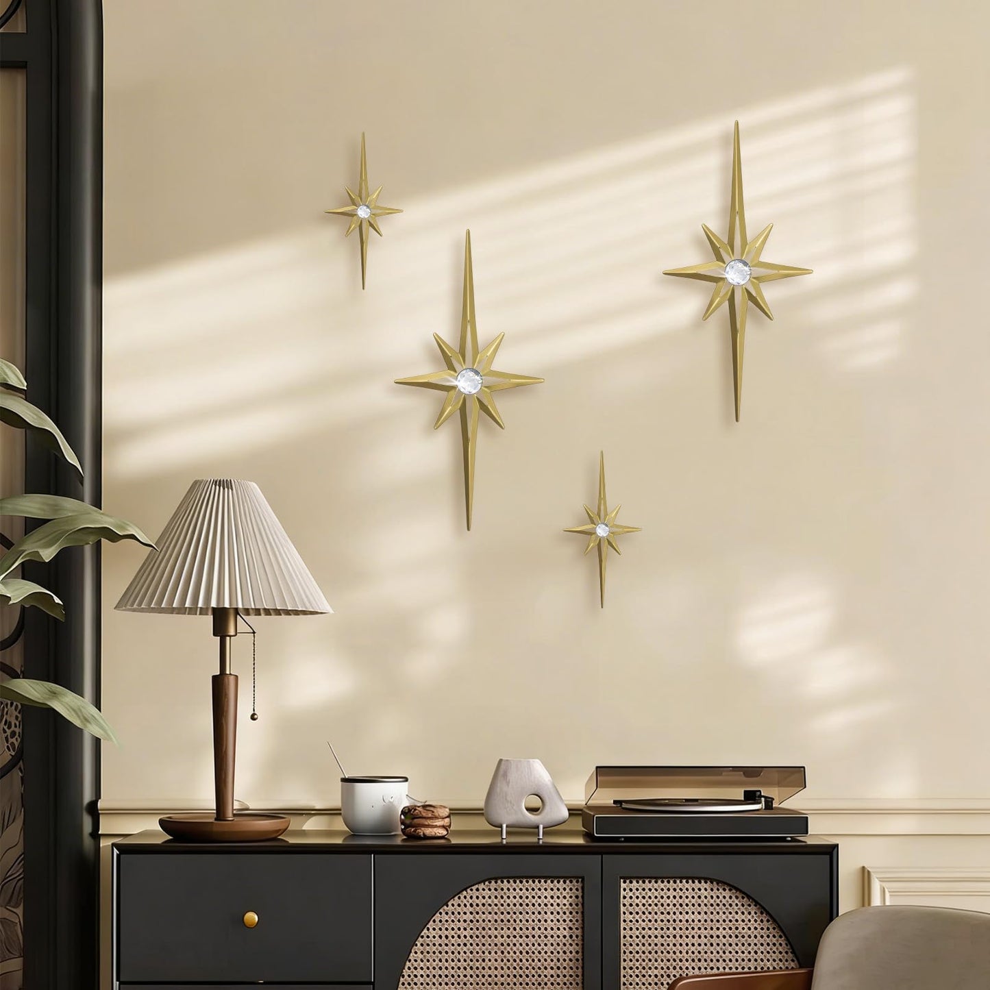 sxnzequnze 4 Pcs Star Wall Art for Home Decor Living Room Bedroom Office Metal 3D,Bling,with Hanging Hook Starburst Midcentury Sculpture Retro Gallery Accent Celestial -Gold 16.5in/9.4in