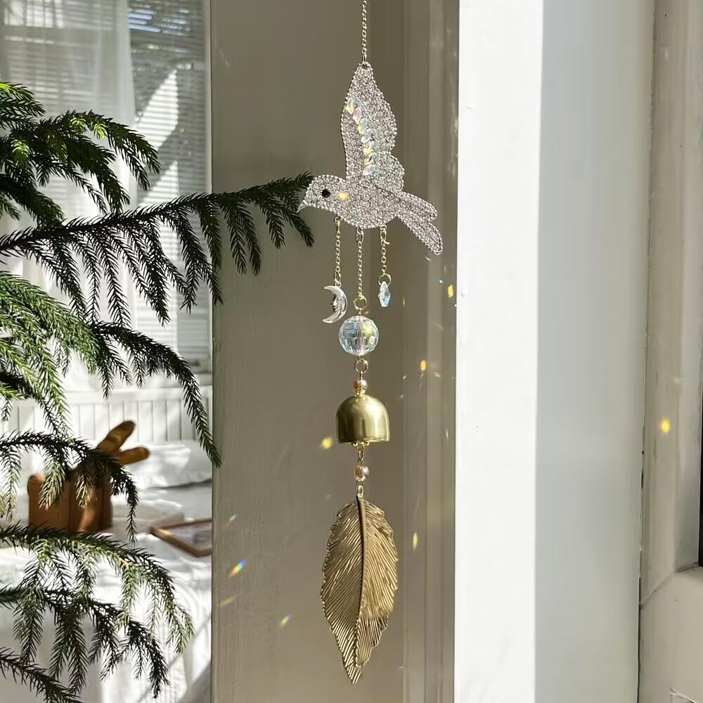Hummingbird Rhinestone Hanging Bell for Window Garden Decor with Suncatcher