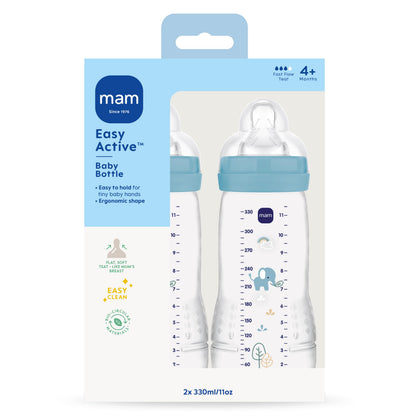 MAM Easy Active Baby Bottle with Fast Flow MAM Teats Size 3, Twin Pack of Baby Bottles, Baby Feeding, 330 ml, Blue (Designs May Vary)