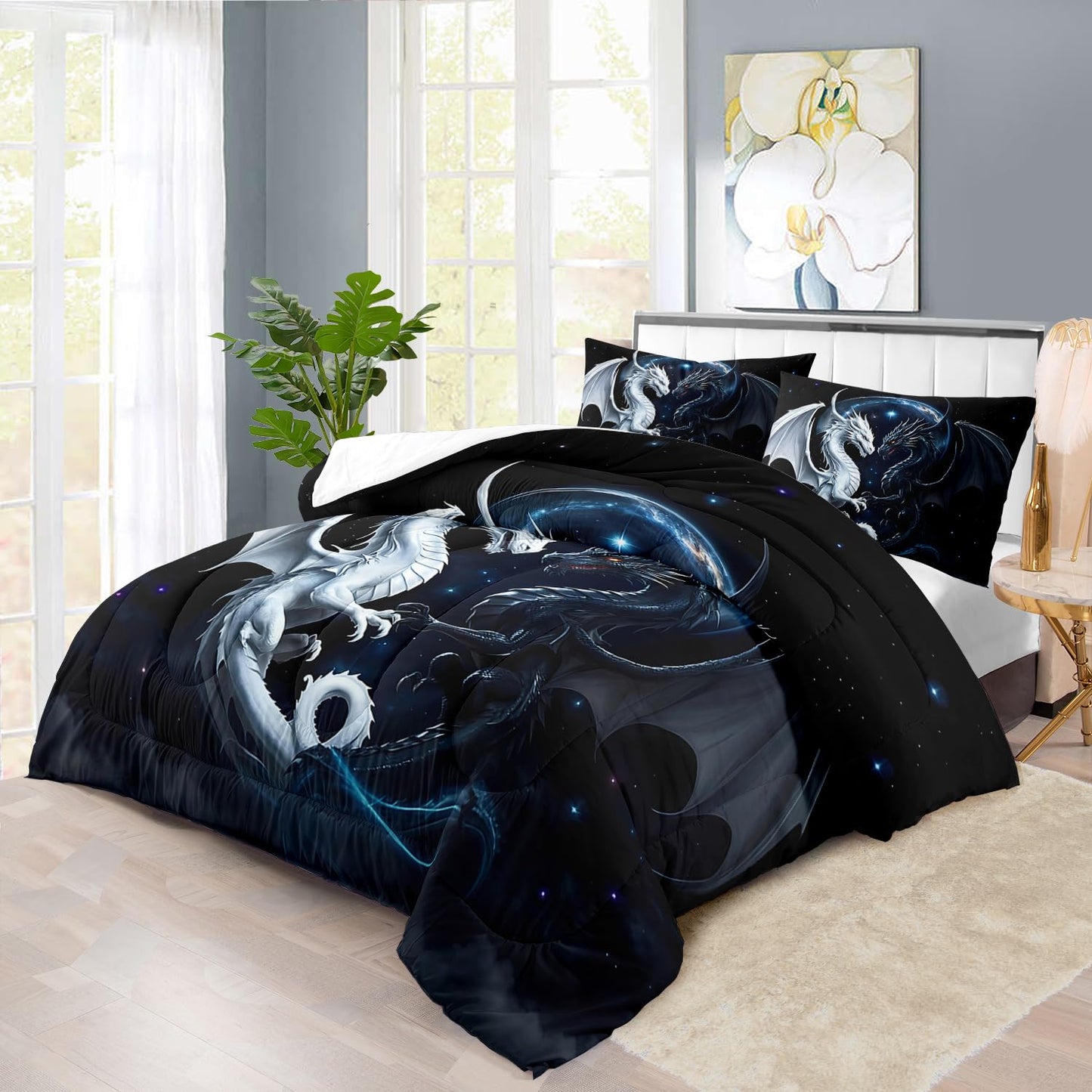 llyxsesty Black and White Dragon Comforter Set King for Boys Black Dragon Bedding Set Boys Gemini Universe Comforter King Quilt Animal Bedding Space Bed Decor Animal Home Decor
