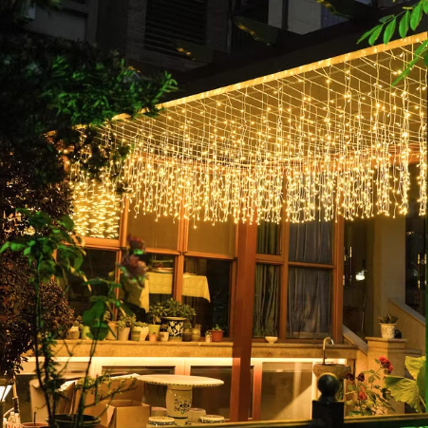 JAMISAY LED Icicle Lights, 8 Modes 19.7FT 150 LEDs Christmas Short Curtain Fairy Hanging Ceiling Extendable Lights for Wedding Balcony Doorway Outdoor Indoor Decoration Warm White, 6M05