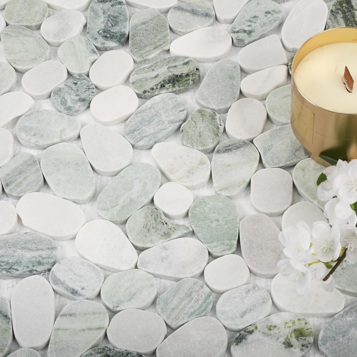 Diflart Natural Pebble Stone Tile for Shower Floor, Emerald Green Oval, 4 Sheets, Sliced Pebble Mosaic Backsplash for Kitchen Bathroom Floor and Wall Tile