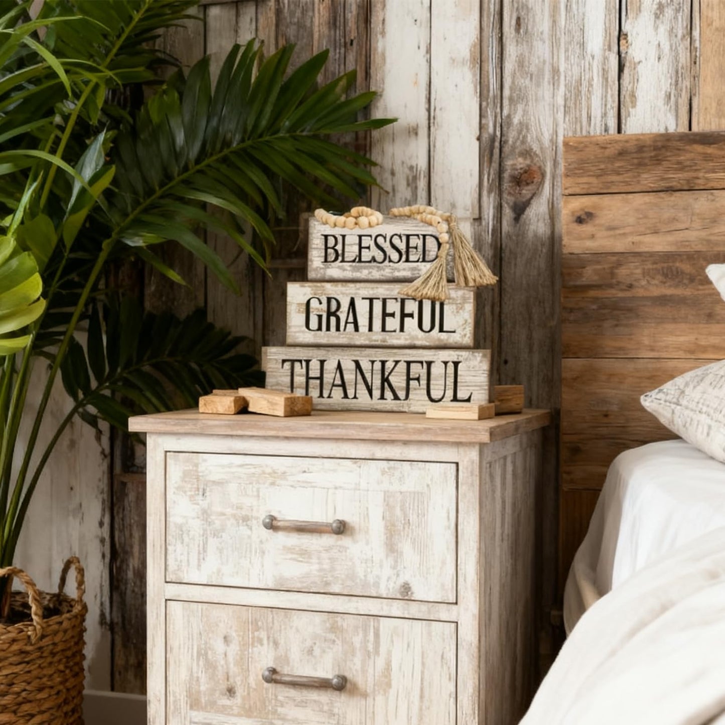 4 Pcs Farmhouse Wooden Tabletop Decor Neutral Farmhouse Tiered Tray Decor Rustic Retro Wood Bead Garland Blessed Grateful Thankful Block Sign Centerpiece for Coffee Home Office Shelf Mantle Table