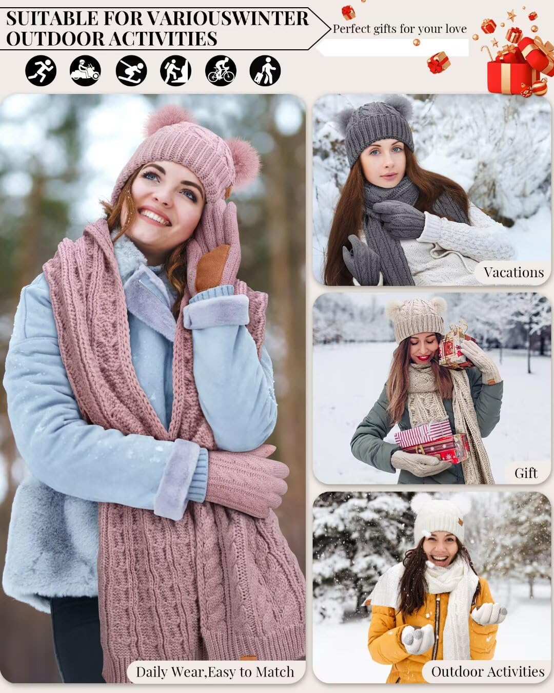 Winter Hat Scarf Glove Set for Women, Warm Fleece Lined Womens Beanie Hat with Double Pom Pom, Gloves with Touchscreen Fingers, Knit Scarf Neck Warmer, Xmas Gift Set for Cold Weather-Black