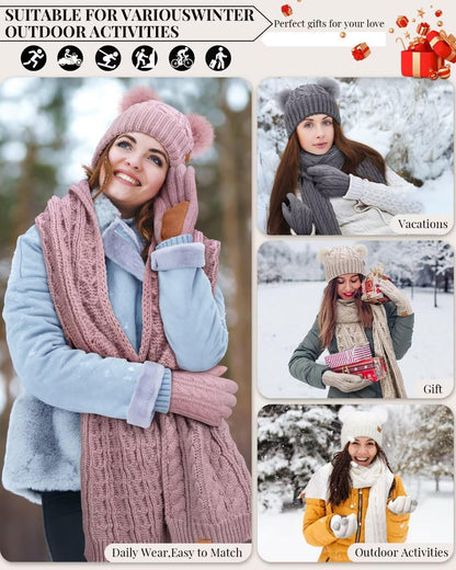 Winter Hat Scarf Glove Set for Women, Warm Fleece Lined Womens Beanie Hat with Double Pom Pom, Gloves with Touchscreen Fingers, Knit Scarf Neck Warmer, Xmas Gift Set for Cold Weather-Black