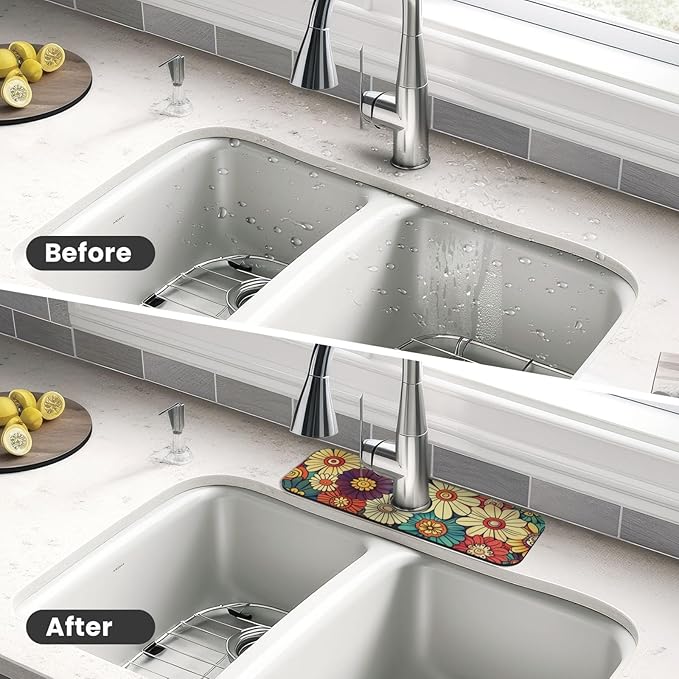 Kitchen Faucet Mat 15 x 5.5 Inch Abstract retro flower Faucet Draining Mat