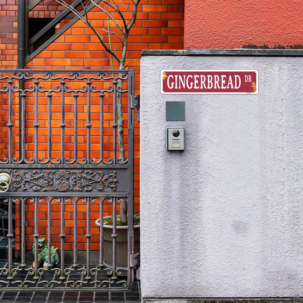 Gingerbread Dr Sign Funny Christmas Metal Street Signs Novelty Fresh Baked Poster Wall Art Decor for Kitchen Patio Yard Office Cafe Barf, Aluminium, 4x16 Inches