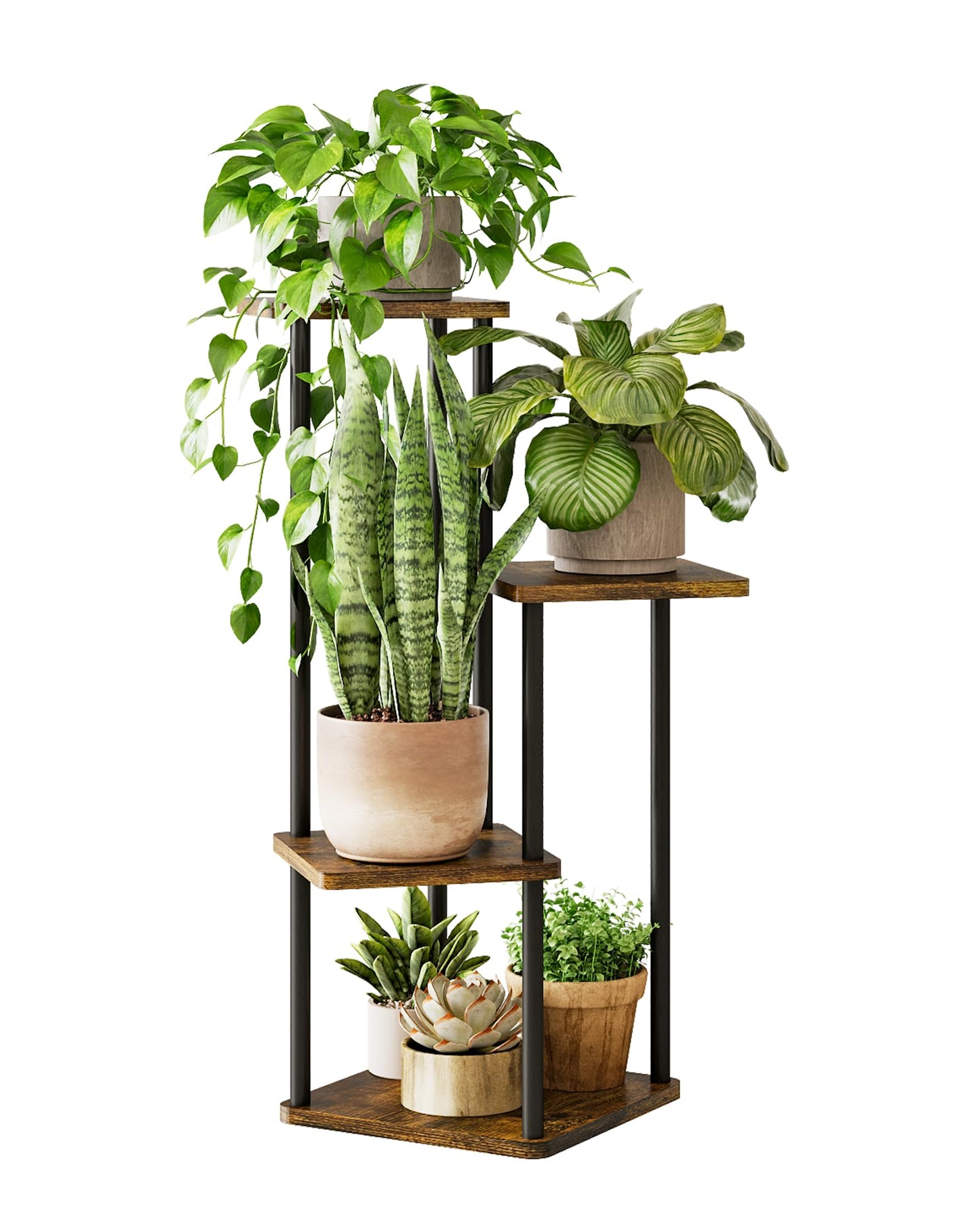 GENTINGBRO Tall Plant Stand Indoor 4 Tiered Plant Shelf for Multiple Plants Coner Shelf Stand Wood Plant Stand Metal Shelving for Living Room Bedroom Balcony Patio Brown Oak