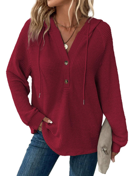 Dokotoo Hoodies for Women Waffle Knit Drawstring Button V Neck Long Sleeve Shirts Christmas Sweaters Pullover Sweatshirt Tops Lightweight Casual Cute Cozy Fall Winter Fashion Outfits Red X-Large