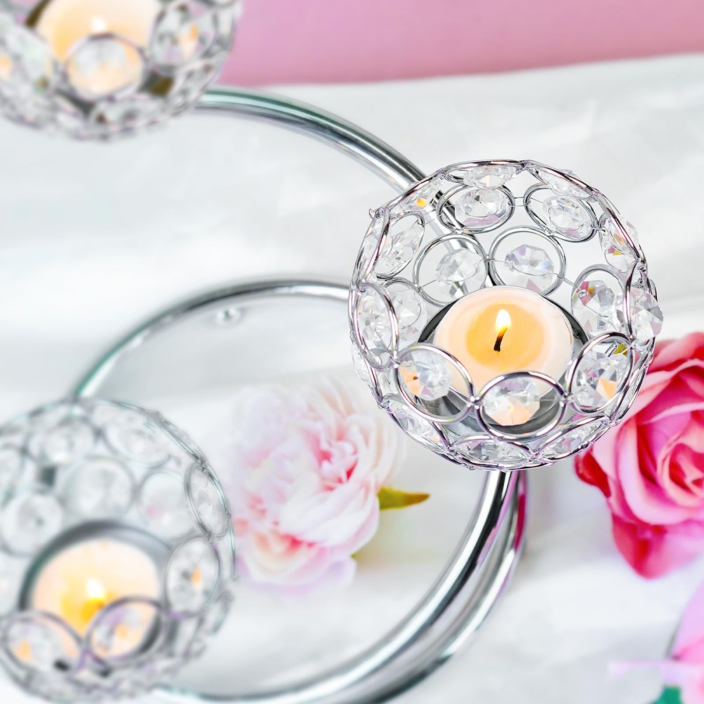 KEHAIL Silver Metal Crystal Candle Holder Set of 3 - Elegant 5-Arm Metal Tea Light Centerpiece with Shining Crystal Bowl, Wedding Anniversary Table Decor for Dining, Party