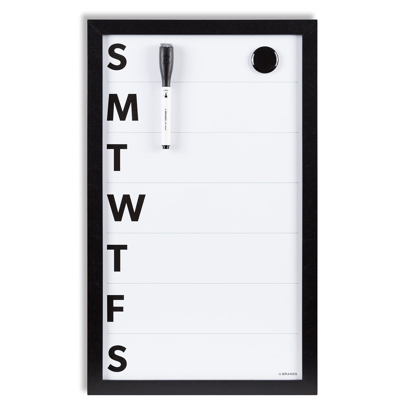 U Brands Framed Magnetic Weekly Calendar Dry Erase Board, Office Supplies, Black Frame, with Marker, Magnet, 11” x 18”
