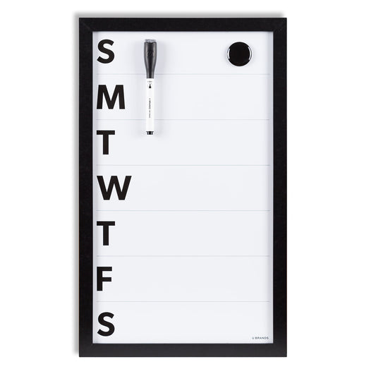 U Brands Framed Magnetic Weekly Calendar Dry Erase Board, Office Supplies, Black Frame, with Marker, Magnet, 11” x 18”