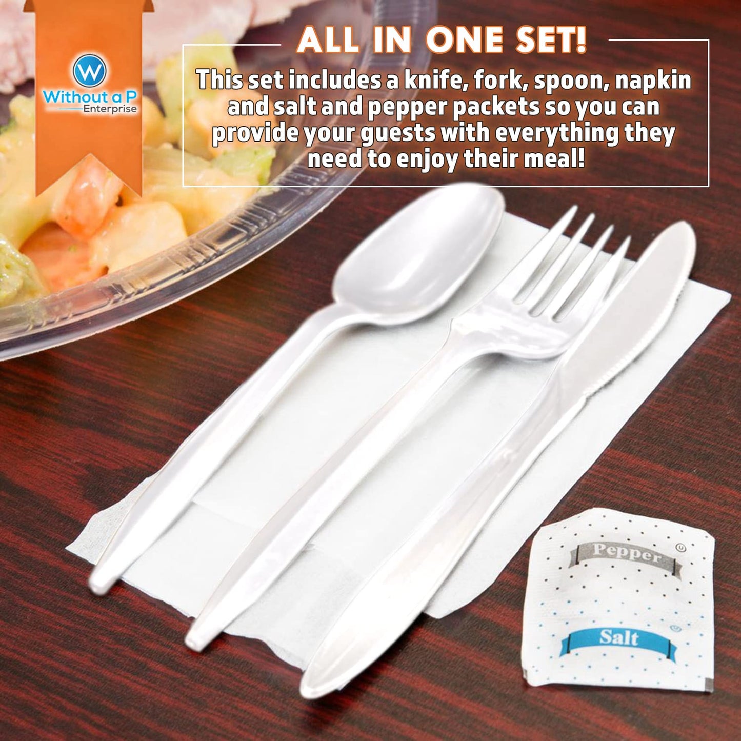Bulk Heavy Weight Cutlery Individually Wrapped White Plastic Cutlery Knife, Spoon, Fork Pack with Napkin and Salt and Pepper Packets - Extra Strong & Resistant