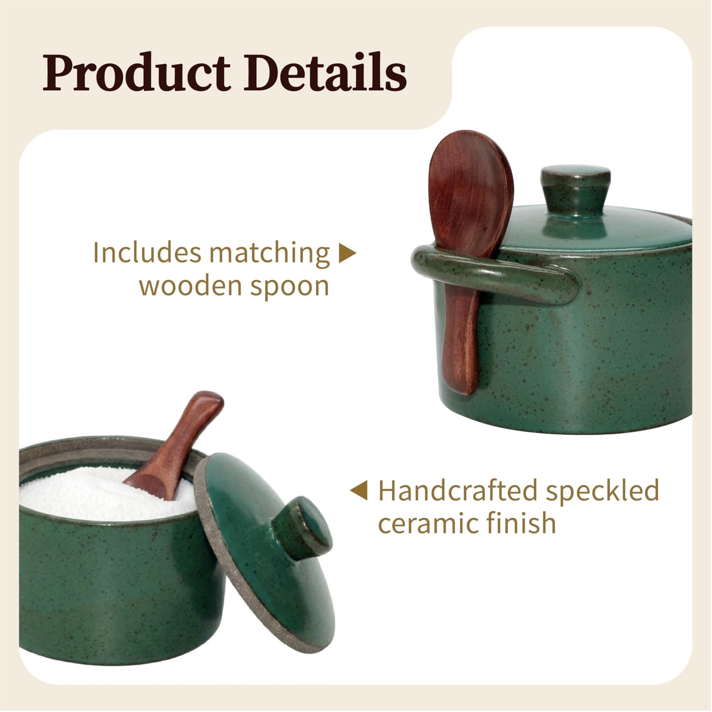 seicasaya Handcrafted Speckled Ceramic Salt Cellar with Wooden Spoon, Rustic Vintage Spice Jar, Dishwasher Safe, 8.45 fl oz (Vintage Green)