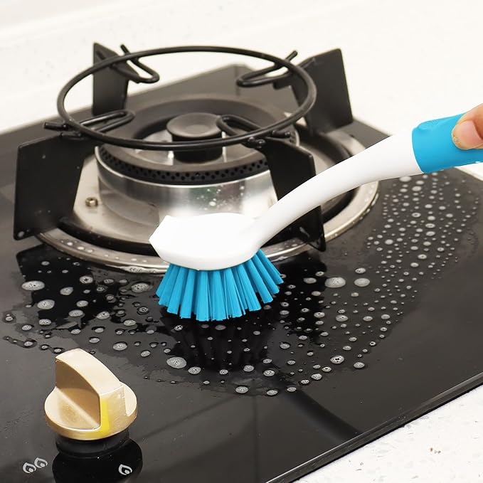 Dish Brush with Handle, 2 Pack Scrub Brushes with Built-in Scraper
