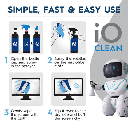 iO Clean Screen Cleaner Spray (16oz - 473ml) Best Large Cleaning Kit for LCD LED OLED TV, Smartphone, iPad, Laptop, Touchscreen, Computer Monitor, Other Electronic Devices, Microfiber Cloth Wipes