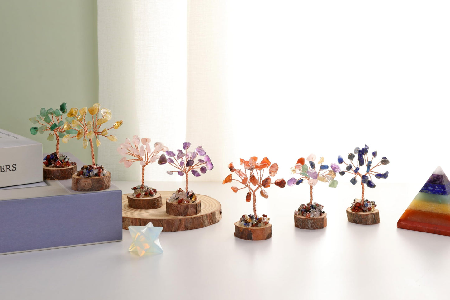 Jovivi 12pcs Chakra Crystal Tree Set, Tree of Life Gemstone Money Trees w/Wooden Base,Natural Healing Crystals Stones for Positive Energy Good Luck Home Office Decor for Women Mom Birthday Gifts