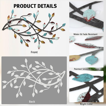Meltset Metal Tree Leaf Wall Decor, Vine Olive Leaf Branch Wall Art, Wrought Iron Scroll Artwork, Decorative Wall Sculptures Above The Bed, Living Room, Hallway, Indoor and Outdoor（S/Farmhouse）