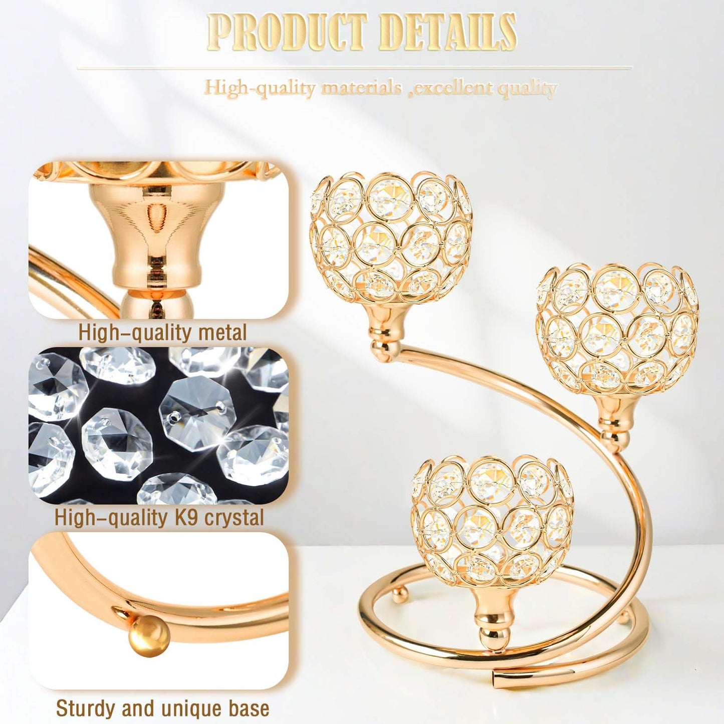 KEHAIL Metal Crystal Candle Holder Set of 2 - Elegant 3-Arm Metal Tea Light Centerpiece with Shining Crystal Bowl, Wedding Anniversary Table Decor for Dining, Party (Gold, 2 Pcs 3 Arm)