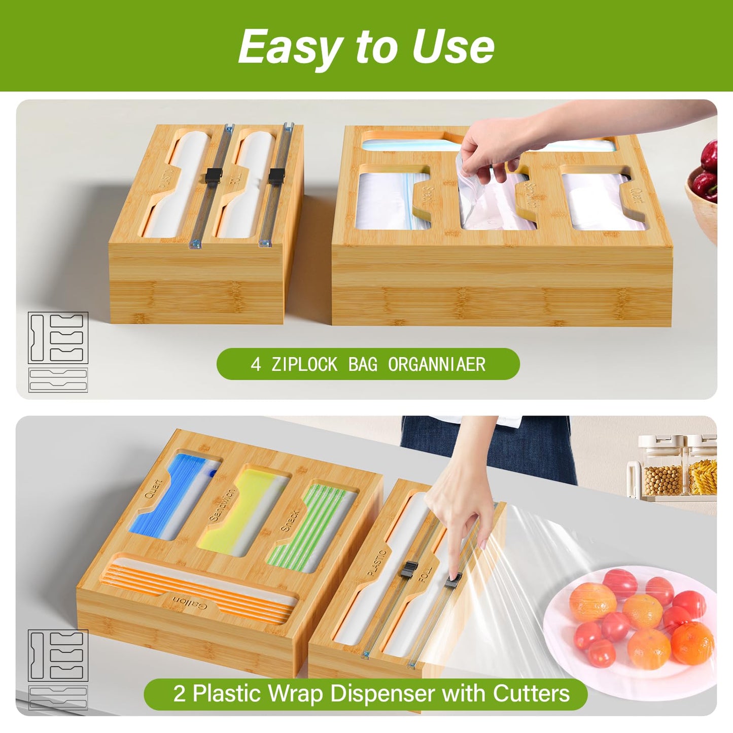 KOCWELL Bag Organizer and Plastic Wrap Dispenser with Cutter, 6 In 1 Bamboo Foil and Plastic Wrap Organizer for Kitchen Drawer, Food Storage Bag Organizer for Gallon,Quart,Sandwich,Snack(Yellow)